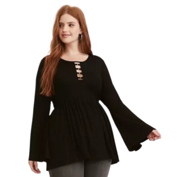 Torrid Super Soft Black Crew Neck O-Ring Babydoll Tunic Top Long Bell Sleeve - Picture 4 of 8